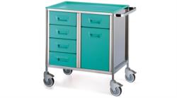 STAINLESS STEEL TROLLEY WITH 5 DRAWERS AND 1 CABINET